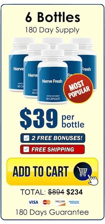Nerve Fresh 6 bottles 180 day supply priced at $39 per bottle with free shipping and bonuses