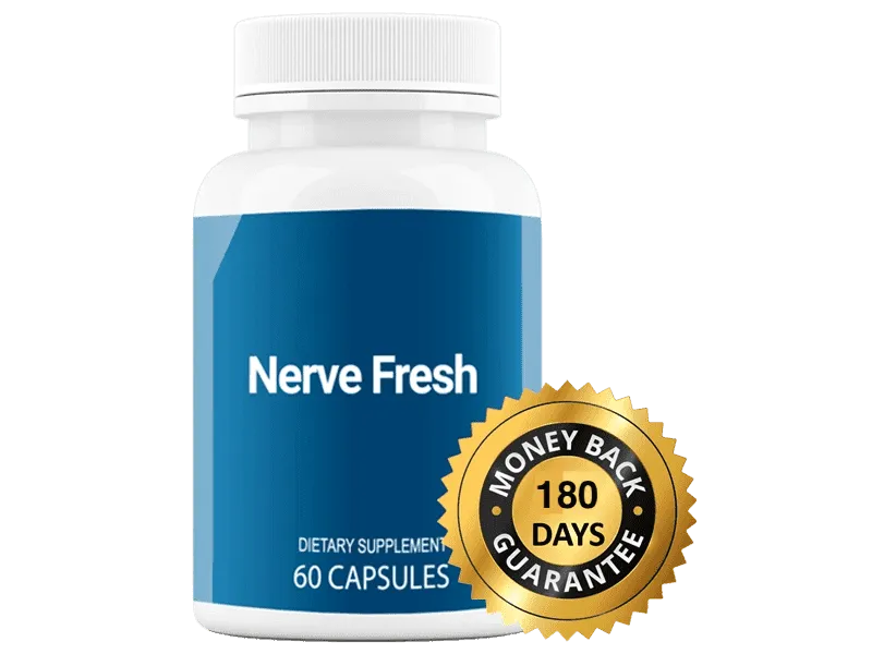 Nerve Fresh 60 capsules dietary supplement bottle with 180 day money back guarantee badge