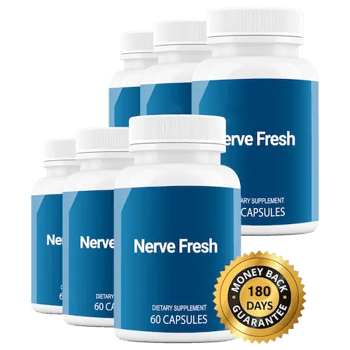 Nerve Fresh 6 bottle pack dietary supplement with 60 capsules and 180 day money back guarantee badge