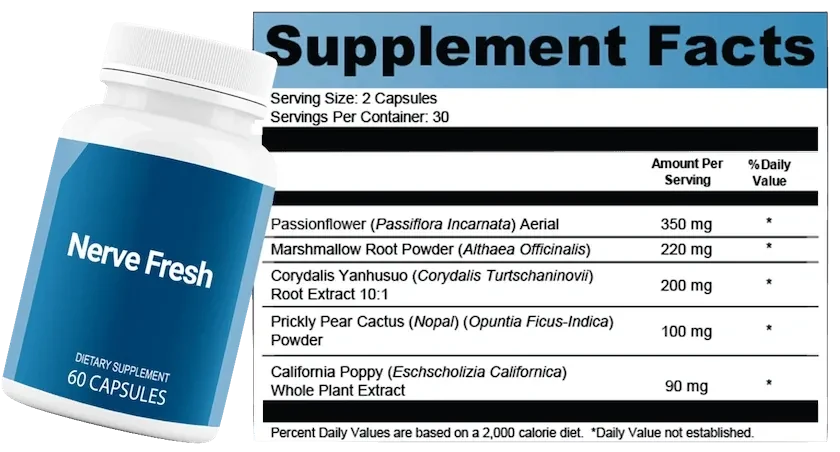 Nerve Fresh current Supplement Facts label showing serving size and ingredient amounts